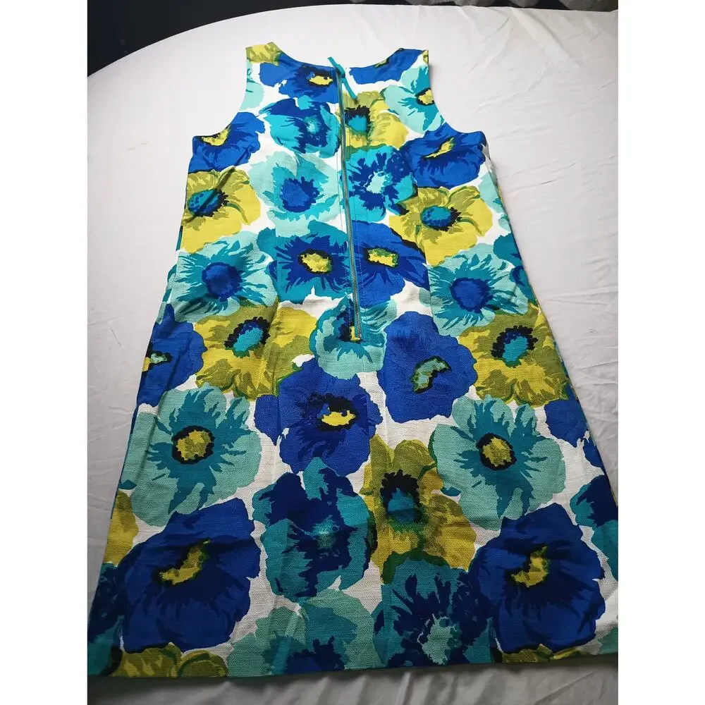 Loft Women Floral Midi Dress Women Size 10 Bold Blue Yellow Loud Dopamine Office - Picture 4 of 4